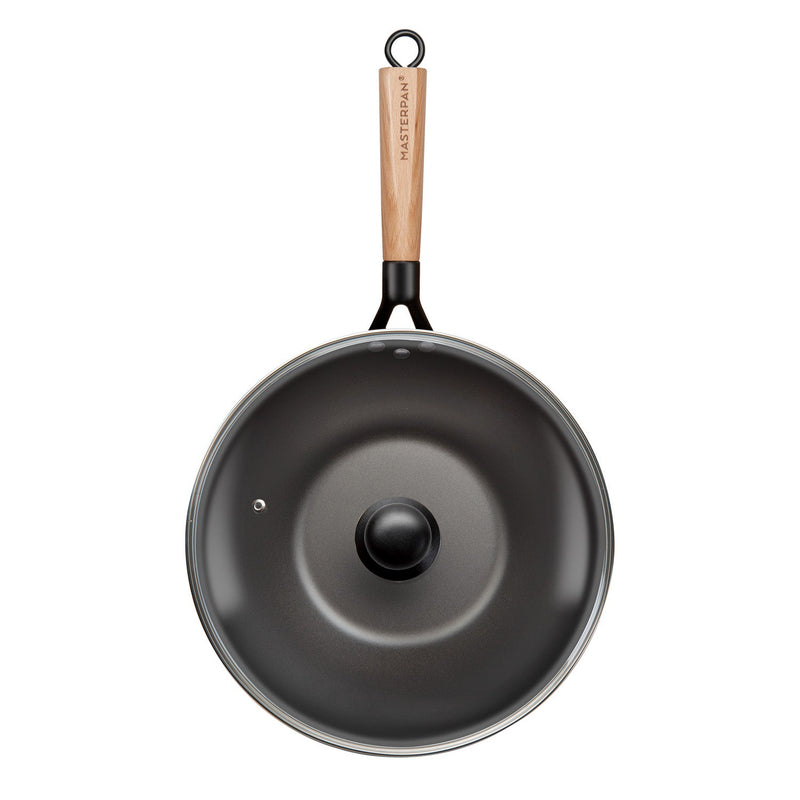 MASTERPAN Nonstick Carbon Steel Wok with Glass Lid & Wooden Utensils, 12" (30cm)