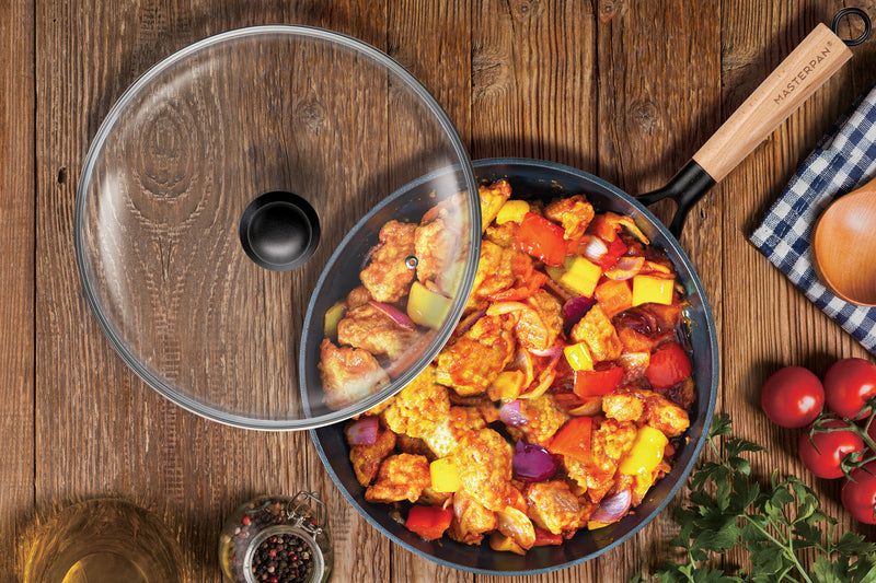 MASTERPAN Nonstick Carbon Steel Wok with Glass Lid & Wooden Utensils, 12" (30cm)