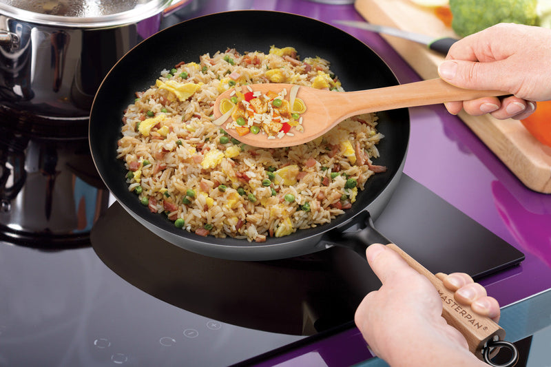 MASTERPAN Nonstick Carbon Steel Wok with Glass Lid & Wooden Utensils, 12" (30cm)