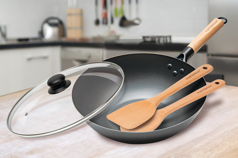 MASTERPAN Nonstick Carbon Steel Wok with Glass Lid & Wooden Utensils, 12" (30cm)