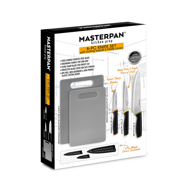 MASTERPAN Knife Set with Covers, 8-pc with Cutting Board