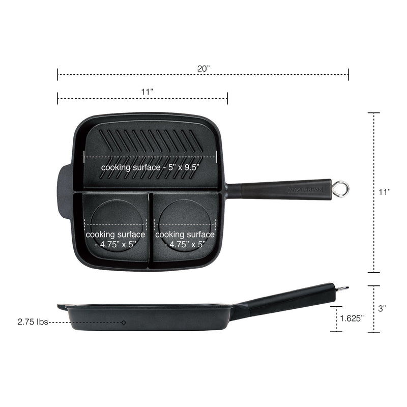 MASTERPAN Nonstick 3-Section Grill & Griddle Skillet, 11" (28cm)