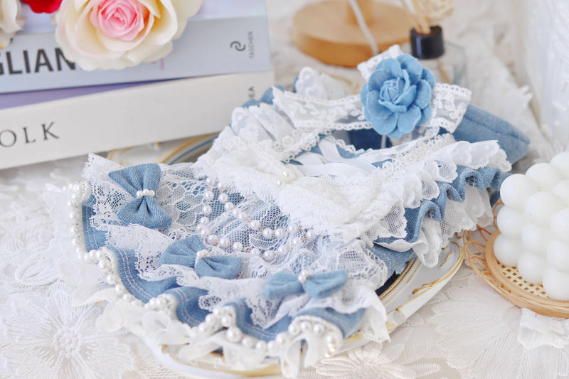 Pet Dress Lace Pearl Dog Outfit Elegant Blue