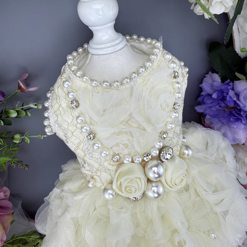 Handmade Luxury Pearl & Rose Lace Pet Dress