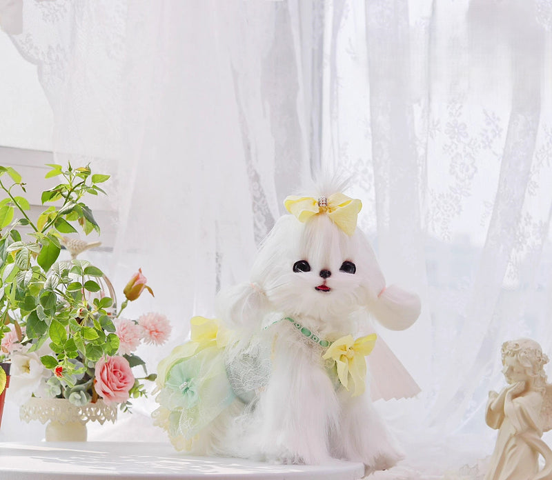 Handmade Cute Dog Dress Yellow Lace Bowknot Outfit