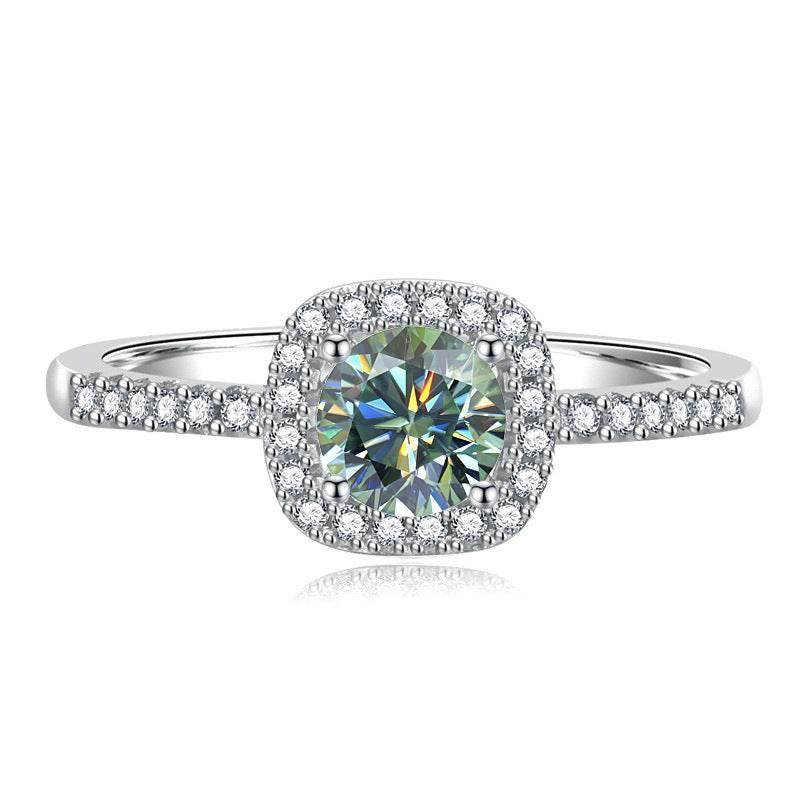 S925 Multicolor Moissanite Cushion Halo Adjustable Rings with Pavé-Set Band & Square Accents, 0.5ct-2ct D-Grade VVS Certificate, 12 Vibrant Colors, Sterling Silver Jewelry