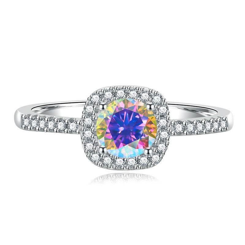 S925 Multicolor Moissanite Cushion Halo Adjustable Rings with Pavé-Set Band & Square Accents, 0.5ct-2ct D-Grade VVS Certificate, 12 Vibrant Colors, Sterling Silver Jewelry