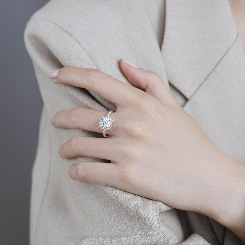 S925 Multicolor Moissanite Cushion Halo Adjustable Rings with Pavé-Set Band & Square Accents, 0.5ct-2ct D-Grade VVS Certificate, 12 Vibrant Colors, Sterling Silver Jewelry