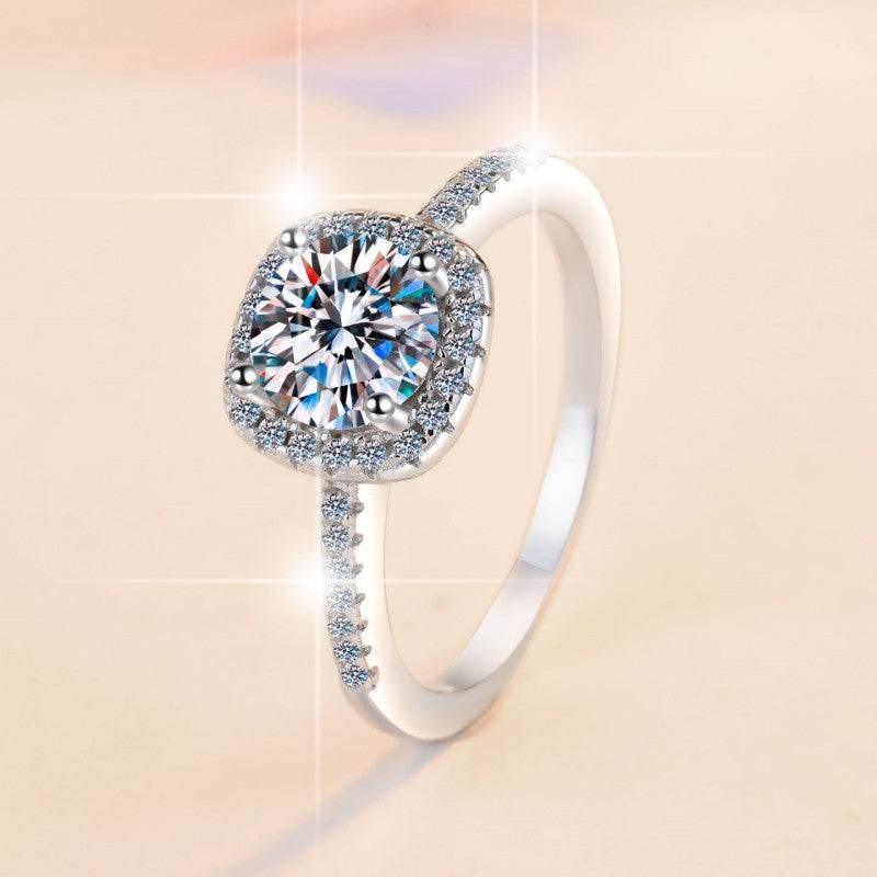 S925 Multicolor Moissanite Cushion Halo Adjustable Rings with Pavé-Set Band & Square Accents, 0.5ct-2ct D-Grade VVS Certificate, 12 Vibrant Colors, Sterling Silver Jewelry