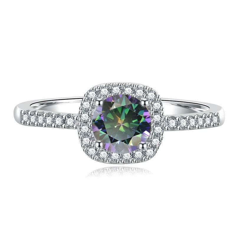 S925 Multicolor Moissanite Cushion Halo Adjustable Rings with Pavé-Set Band & Square Accents, 0.5ct-2ct D-Grade VVS Certificate, 12 Vibrant Colors, Sterling Silver Jewelry
