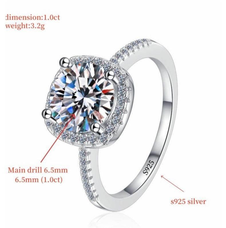 S925 Multicolor Moissanite Cushion Halo Adjustable Rings with Pavé-Set Band & Square Accents, 0.5ct-2ct D-Grade VVS Certificate, 12 Vibrant Colors, Sterling Silver Jewelry