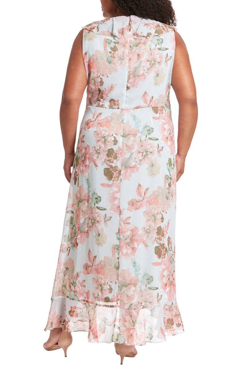 London Times V-Neck Sleeveless Waist Sash Tie Floral Design Ruffle Wrap Midi Dress (Plus Size)
