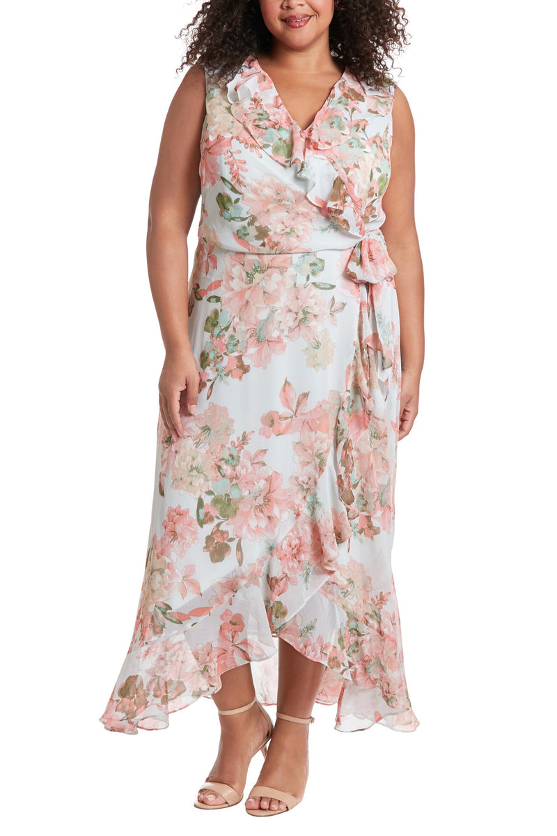 London Times V-Neck Sleeveless Waist Sash Tie Floral Design Ruffle Wrap Midi Dress (Plus Size)
