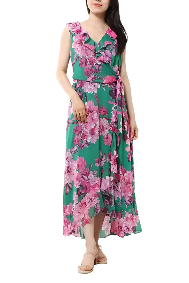 London Times V-Neck Sleeveless Waist Sash Tie Floral Design Ruffle Wrap Midi Dress (Plus Size)