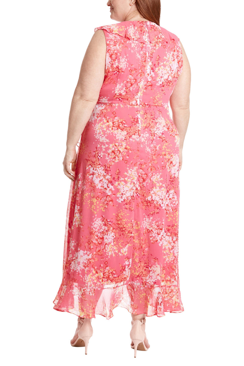 London Times Trimmed Surplice V-Neckline Side-Tie Sash Hemline Ruffle Wrap Maxi Silhouette Dress (Plus Size)