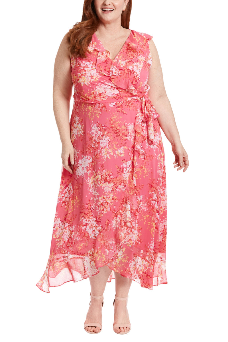 London Times Trimmed Surplice V-Neckline Side-Tie Sash Hemline Ruffle Wrap Maxi Silhouette Dress (Plus Size)