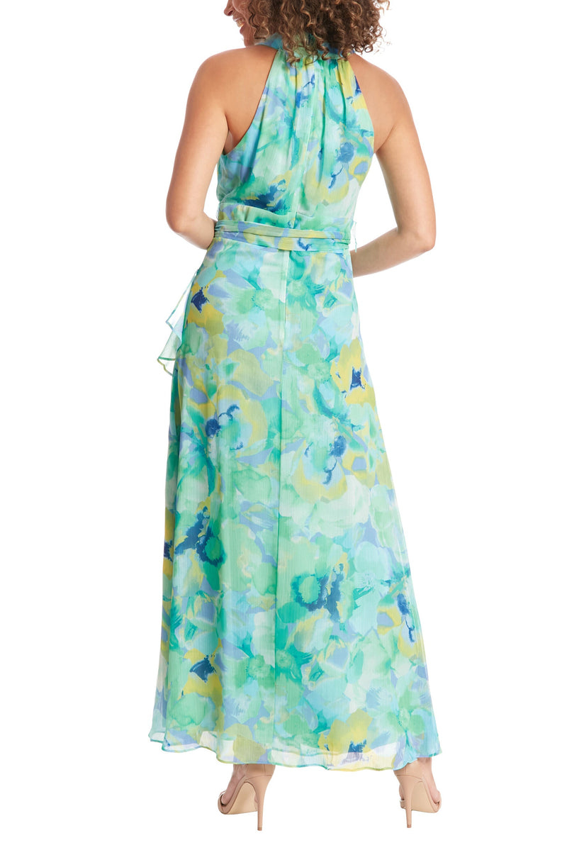 London Times Floral Halter Neckline Sleeveless Back Zipper Closure Side-Tie Wrap Slit Silhouette Maxi Dress