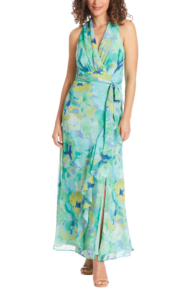 London Times Floral Halter Neckline Sleeveless Back Zipper Closure Side-Tie Wrap Slit Silhouette Maxi Dress