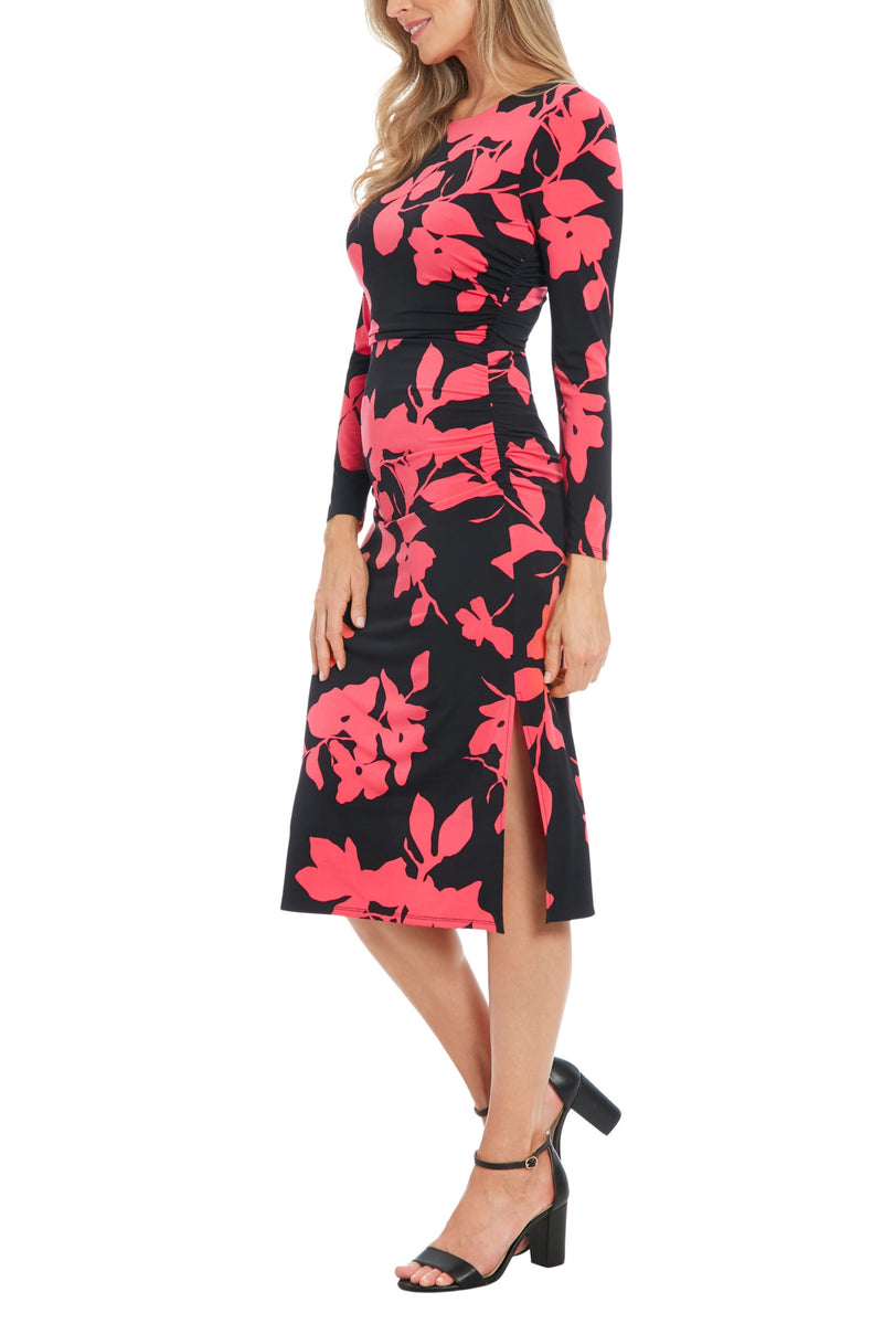 London Times Crew Neckline Long Sleeves Ruched Side Slit Straight Fit Midi Sheath Silhouette Dress