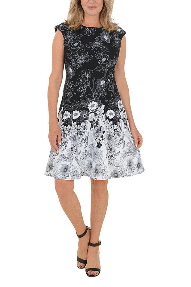 London Times Floral Print Boat Neckline Cap Sleeve Fit and Flare Silhouette Dress