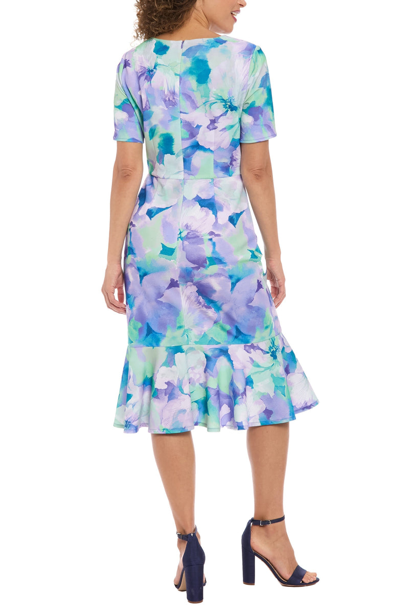 London Times V-Neckline Short Sleeves Side Waist Twist Detail Flounce Hem Sheath Silhouette Dress