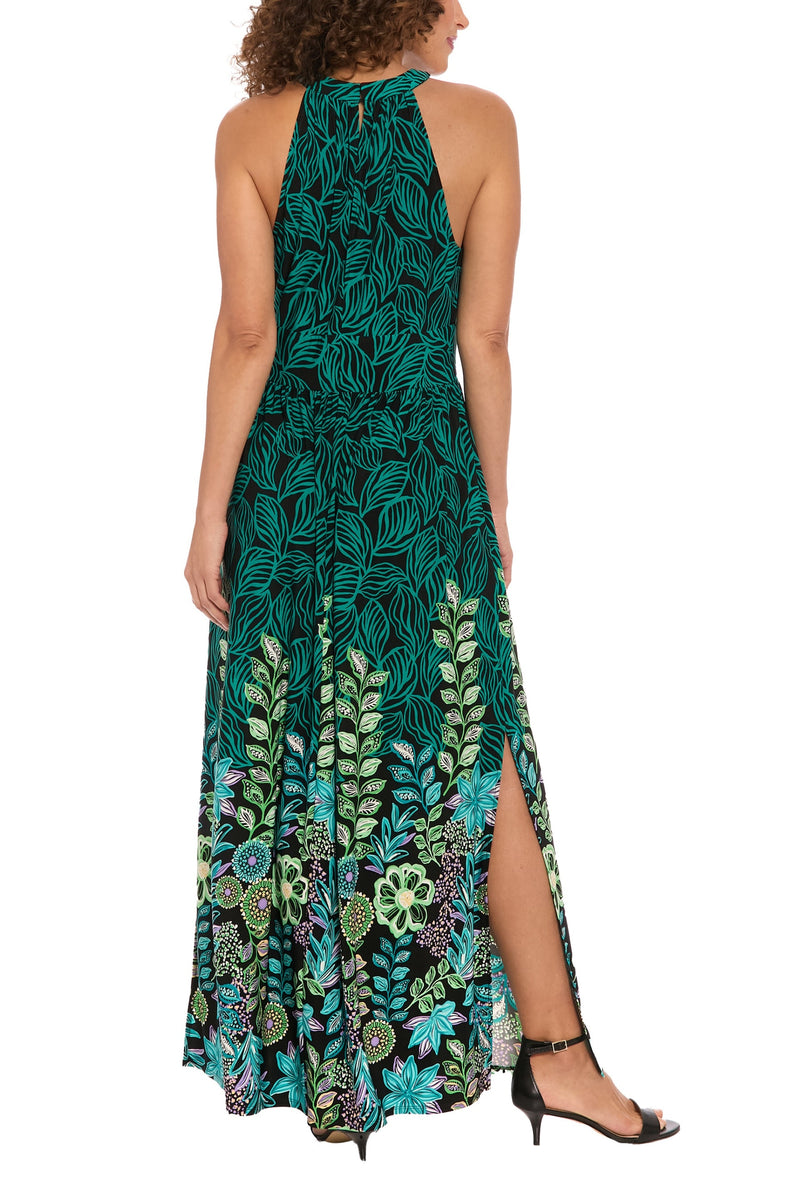 London Times Halter Neckline Keyhole Cutout Sleeveless Side Split Maxi Dress