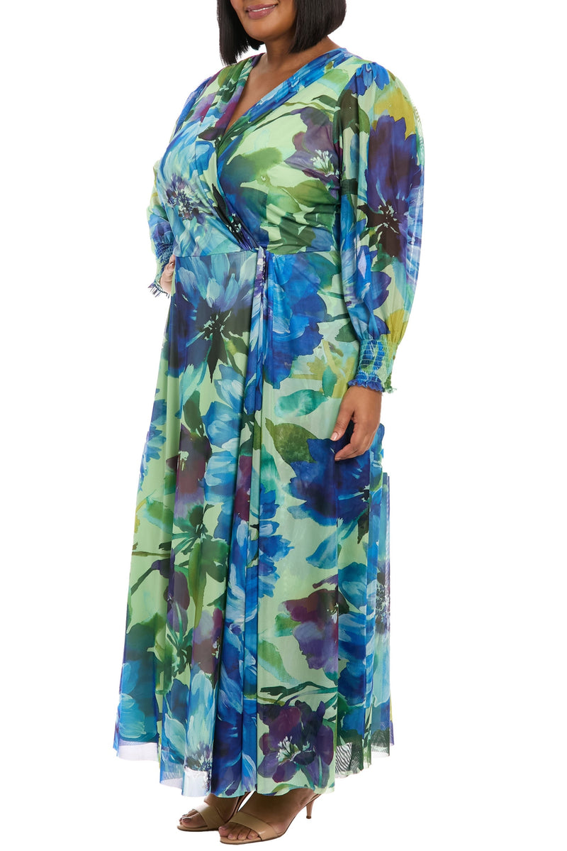 London Times Floral Print Surplice V-Neckline Puffed Long Sleeves Smocked Cuffs Draped Faux Wrap Silhouette Maxi Dress