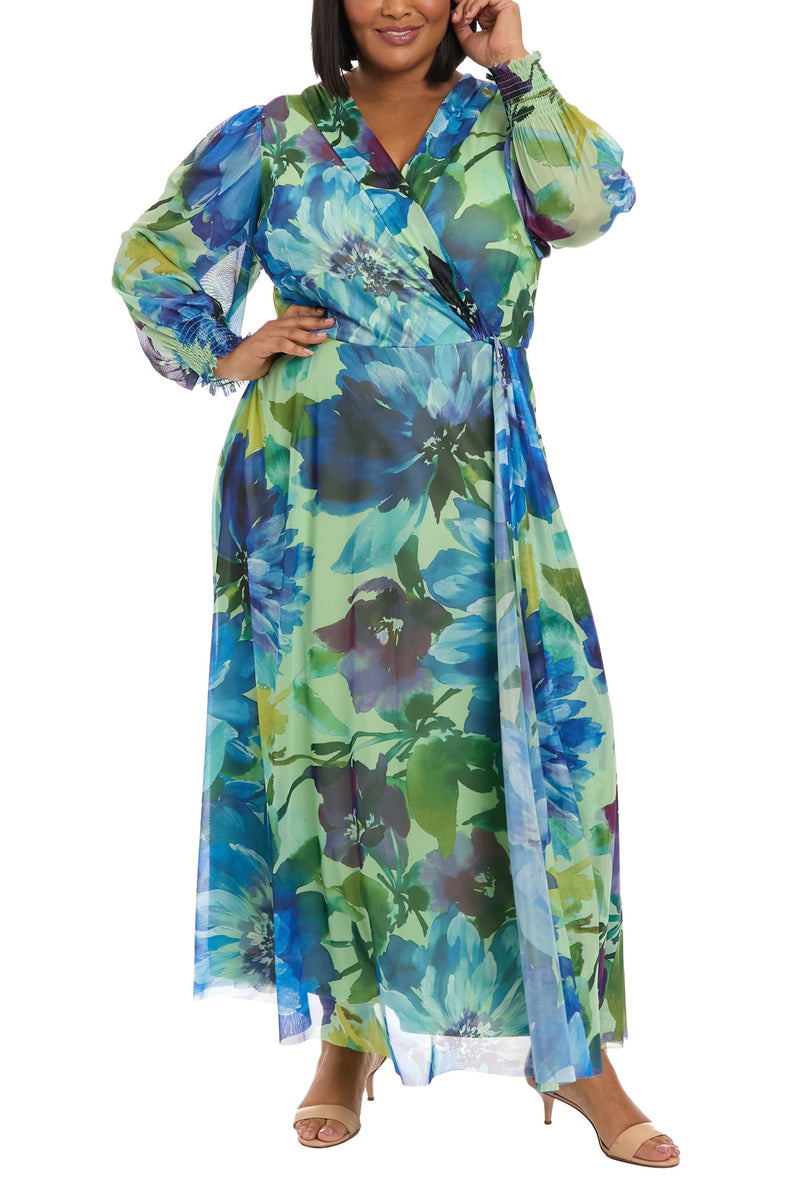 London Times Floral Print Surplice V-Neckline Puffed Long Sleeves Smocked Cuffs Draped Faux Wrap Silhouette Maxi Dress