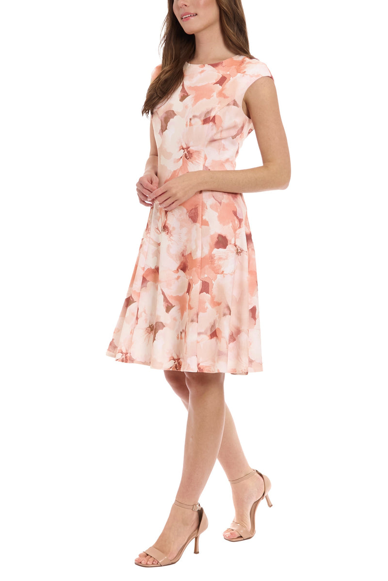 London Times Floral Print Short Cap Sleeves Concealed Back Zipper Fit and Flare Pleated A-Line Skirt Silhouette Dress
