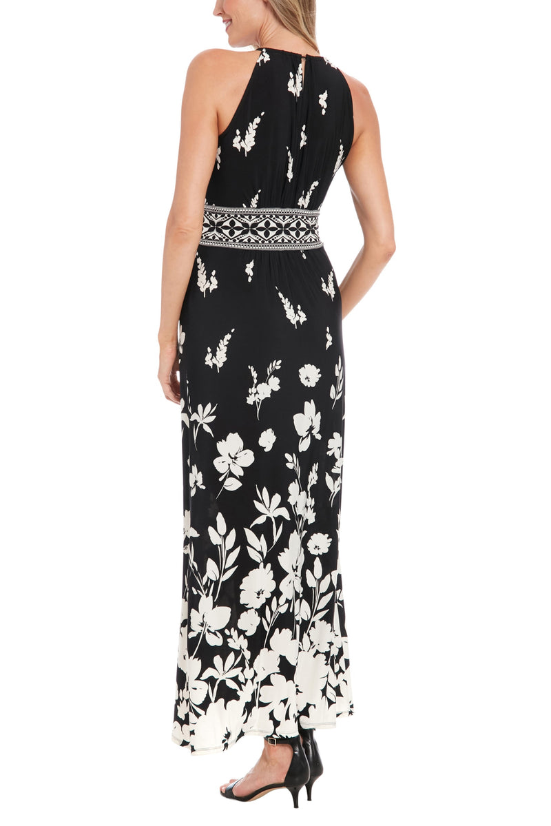London Times Floral Print Round Keyhole Detail Neckline Sleeveless Empire Waist A-Line Maxi Halter Dress