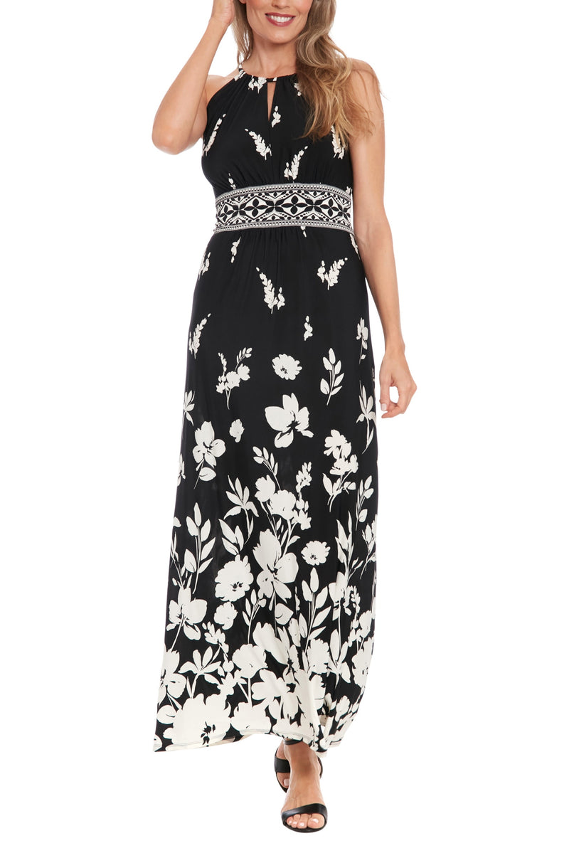 London Times Floral Print Round Keyhole Detail Neckline Sleeveless Empire Waist A-Line Maxi Halter Dress