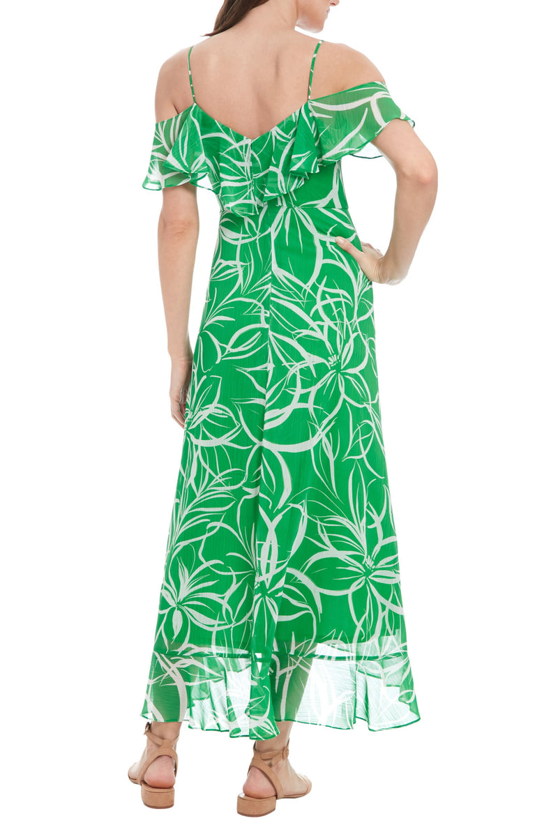 London Times Floral Ruffled Cold-Shoulder Wrap Spaghetti Thin Straps Tiered Hem Maxi Length