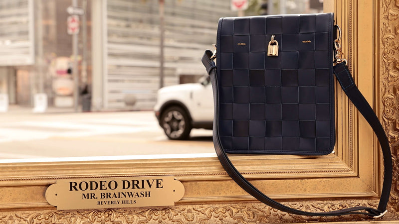 Woven Leather Navy Blue Crossbody Bag