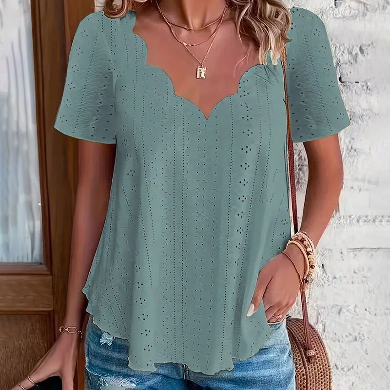 Womens Summer Scallop Trim V Neck Eyelet T-Shirt Short Sleeve Top Dressy Casual Tunic Blouses