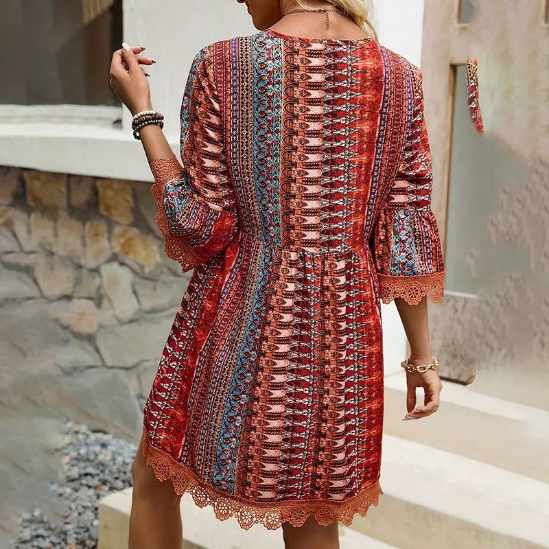 Women's Boho Print Mini Dress V-Neck 3 4 Sleeve Flowy Casual Summer Beach Sundress
