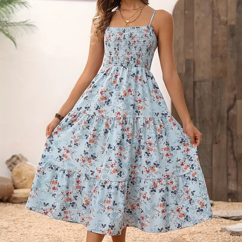 Womens Summer Floral Midi Dress Smocked Spaghetti Strap Sleeveless Tiered Casual Flowy Dresses