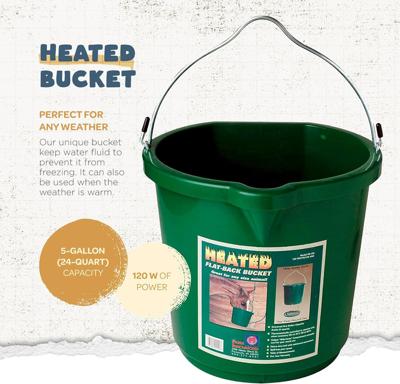 Inc. Heated Water Bucket with Flat Back & Built-In Thermostat, 5 Gallon, Green