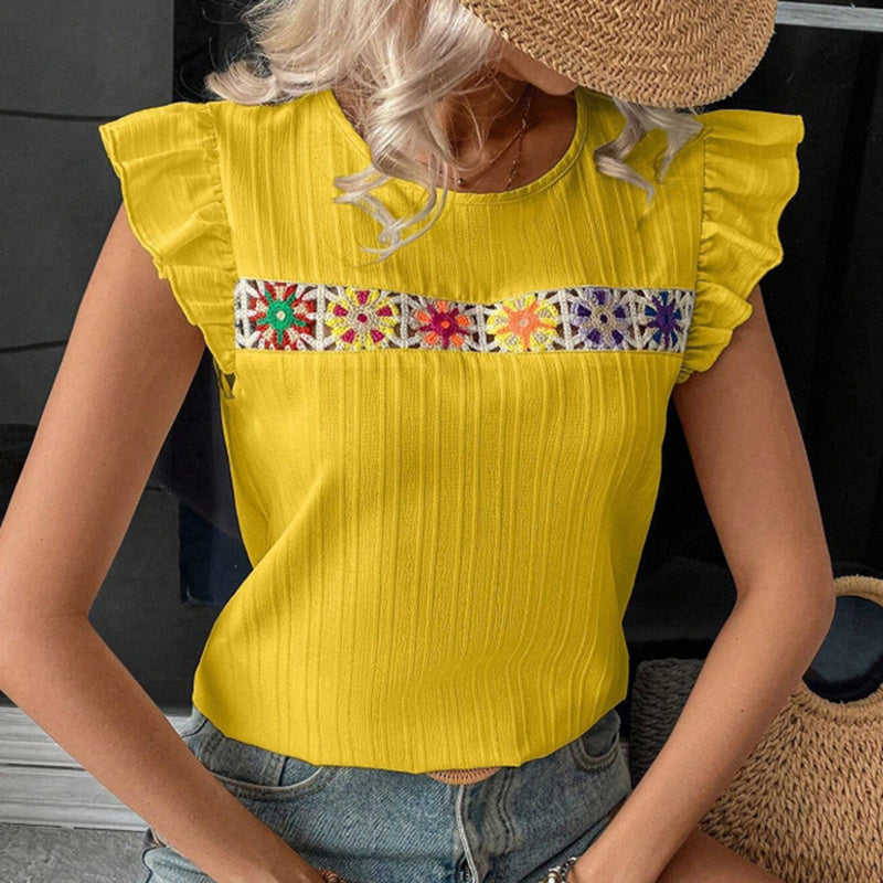 Women's Ruffle Short Sleeve Summer Tops Cute Crew Neck Floral Crochet Blouses Shirts