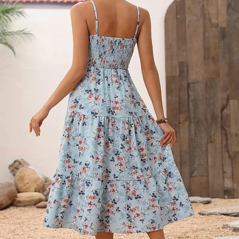 Womens Summer Floral Midi Dress Smocked Spaghetti Strap Sleeveless Tiered Casual Flowy Dresses