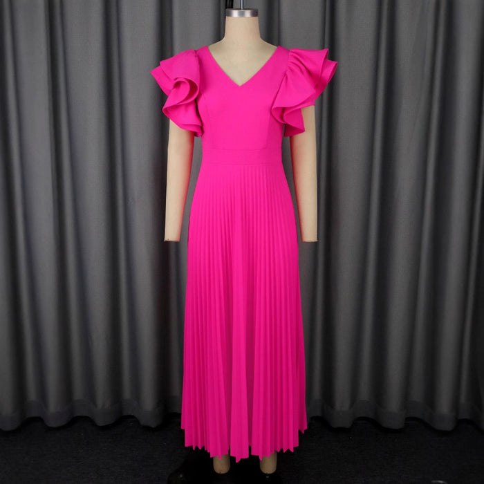 V-neck Elegant New Ruffled Short Sleeve Pleated Skirt