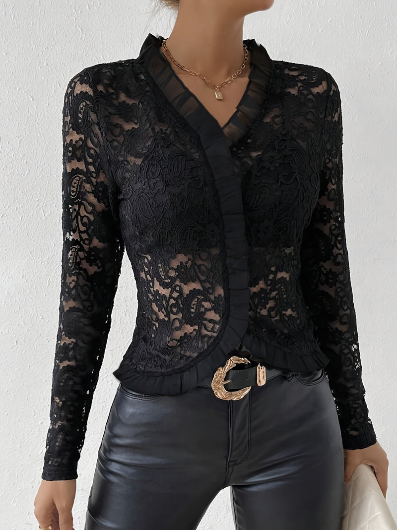 European And American Elegant Ruffled Single Layer Paisley Lace T-shirt