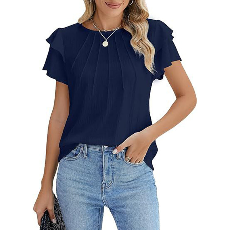 Women's Ruffle Short Sleeve Shirts Dressy Casual Crewneck Tops Trendy Outfits