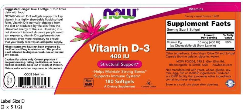 NOW Vitamin D-3 400IU, 180 Softgels (Pack of 3)