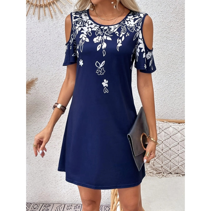 Women's Summer Cold Shoulder Crew Neck Floral Print Dress Beach Vacation Boho Mini Sundress