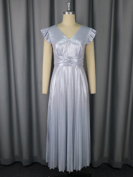 High Waist Crimp Elegant 5 New Style Silver V-neck Dress
