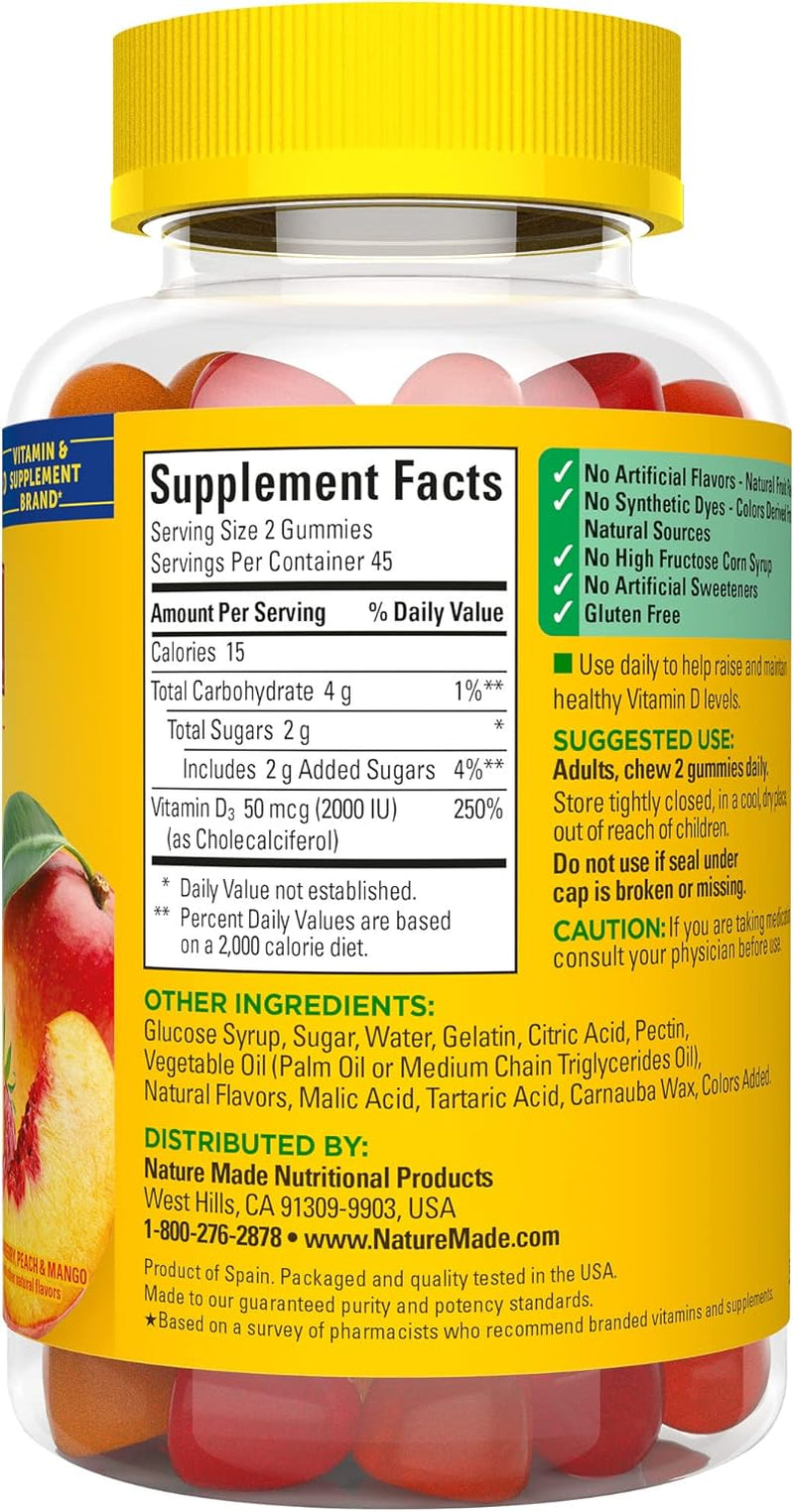 Vitamin D3 2000 IU (50 Mcg) per Serving, Dietary Supplement for Bone, Teeth, Muscle and Immune Health Support, 90 Gummies, 45 Day Supply