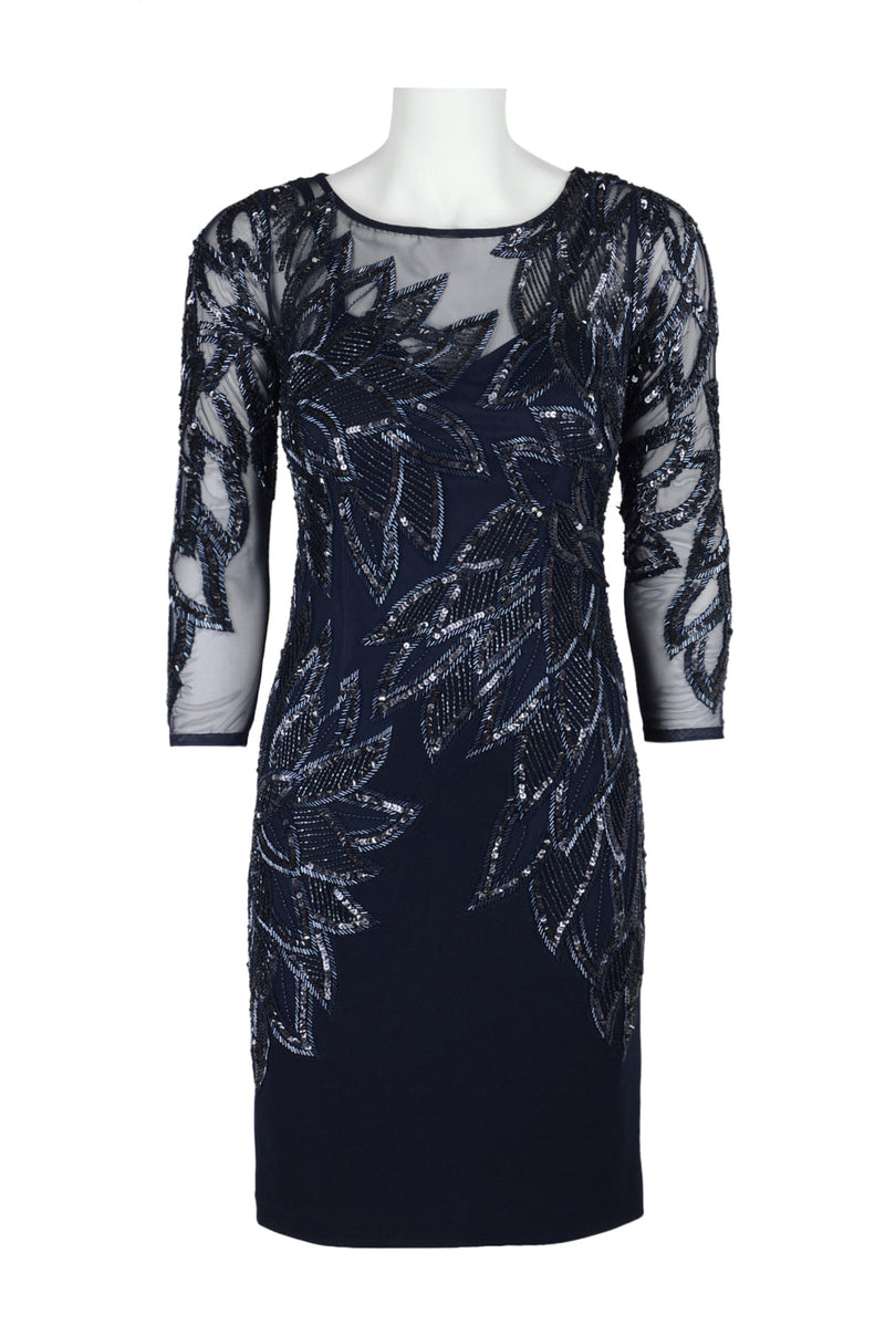 Aidan Mattox Scoop Neck 3/4 Sleeve Keyhole Back Embellished Mesh Dress