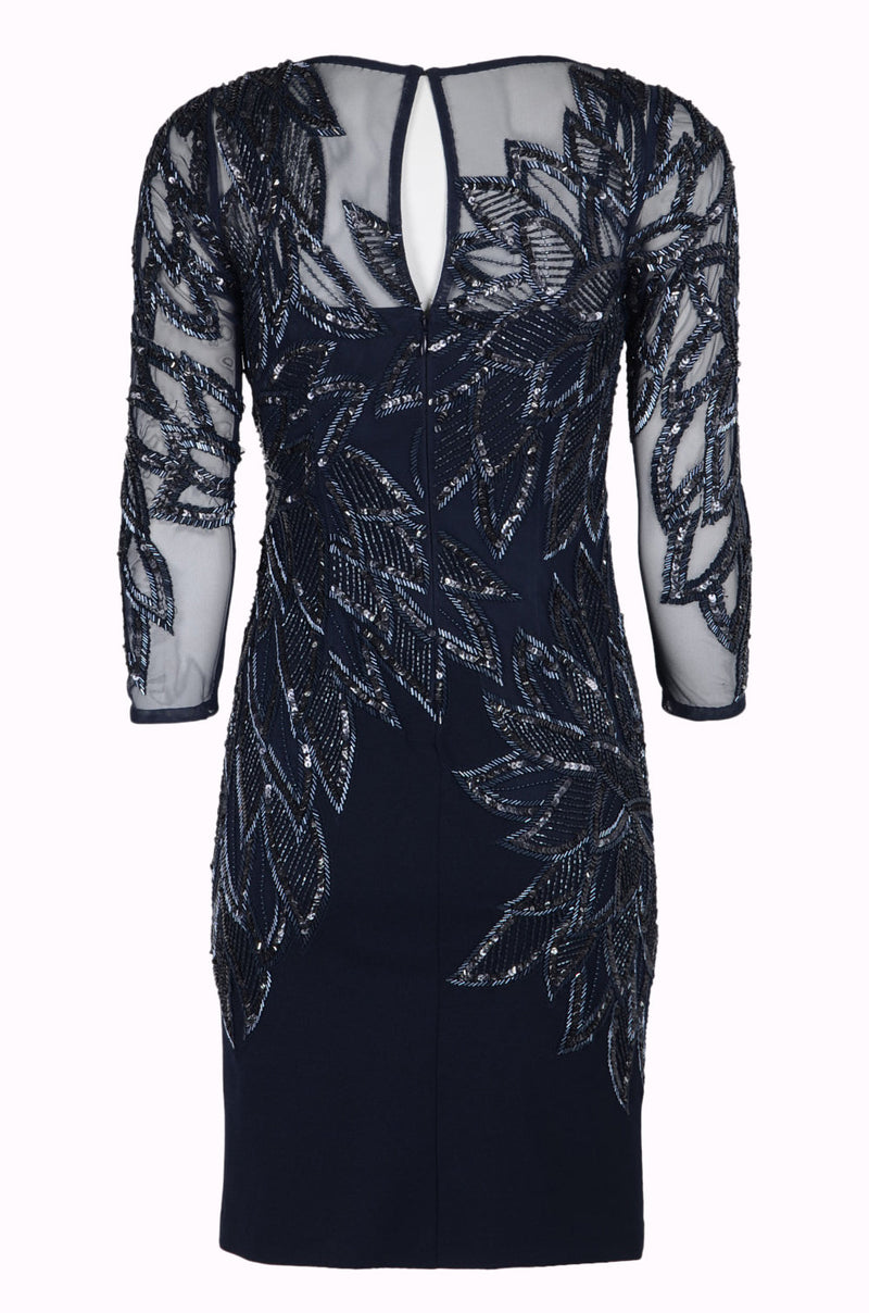 Aidan Mattox Scoop Neck 3/4 Sleeve Keyhole Back Embellished Mesh Dress