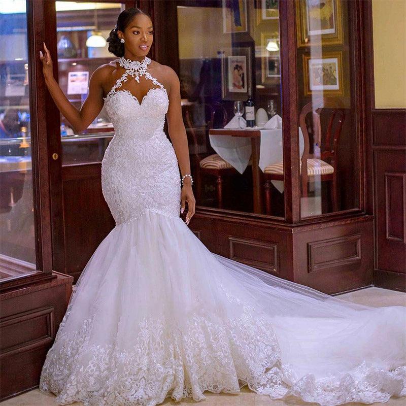 Vintage Lace Beaded Mermaid Wedding Dress - Sheer Neck Bridal Gown
