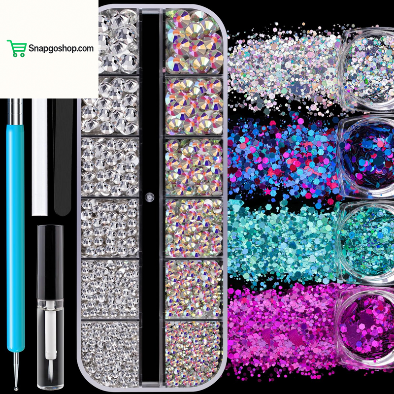 Flat Back Rhinestone Kits Colorful Rhinestones+Crystal Ab&Transparent White Face Gems Nail Gem with Quick Dry Makeup Glue+Picker Pencil+Tweezer for Bedazzling Face Makeup and Nail Art